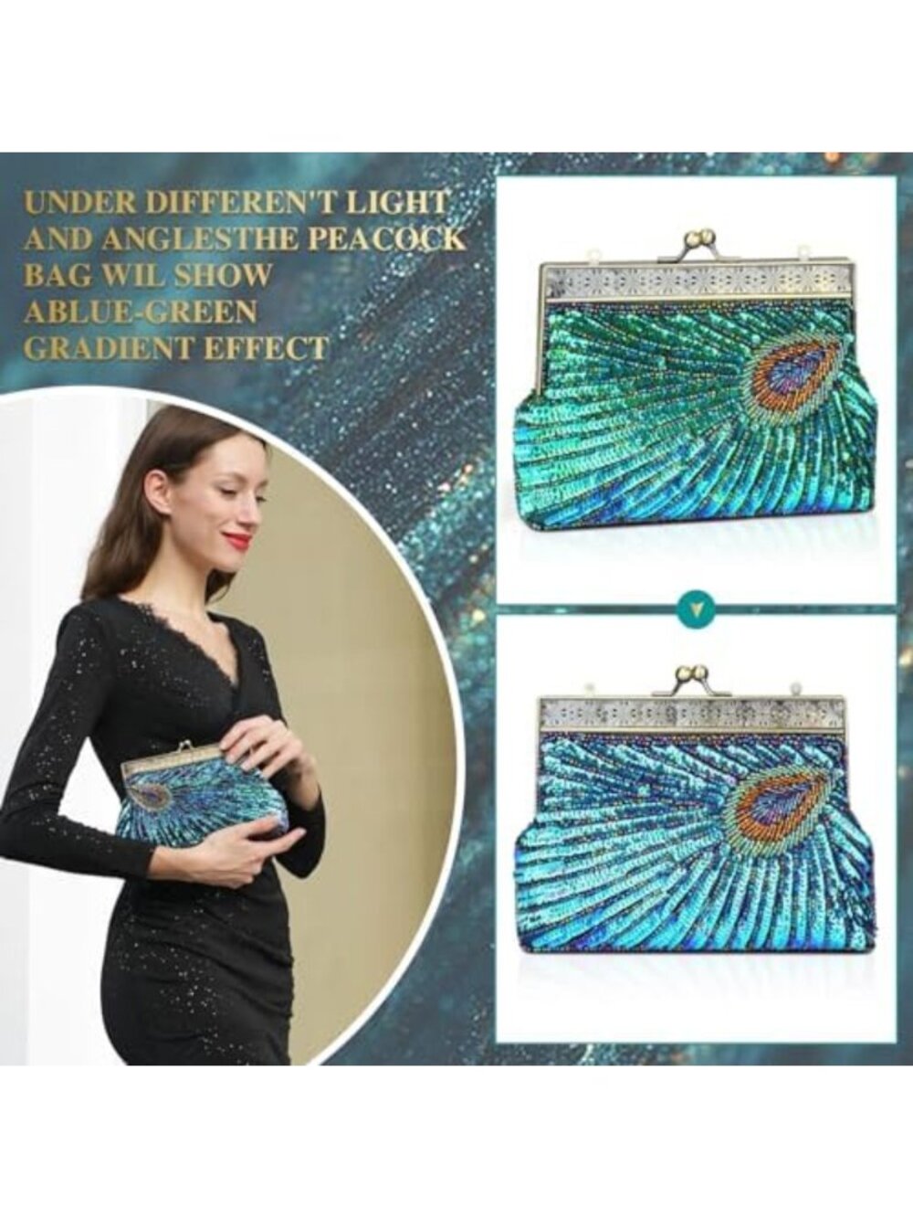Vintage 1920s Beaded Sequin Peacock Evening Clutch Bag for Party & Wedding - Picture 2 of 6